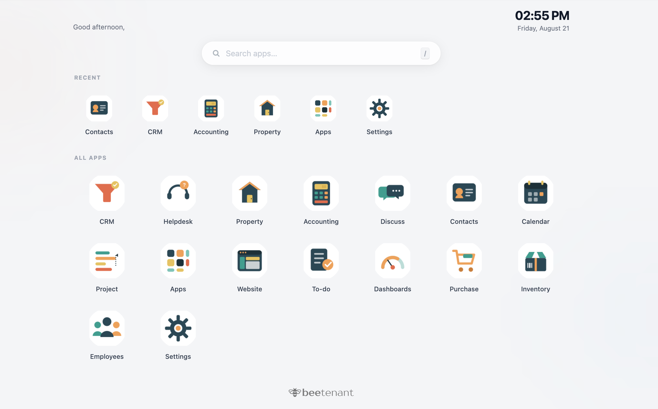 BeeTenant dashboard — Property, CRM, Accounting, Helpdesk, Contacts and more, all in one workspace